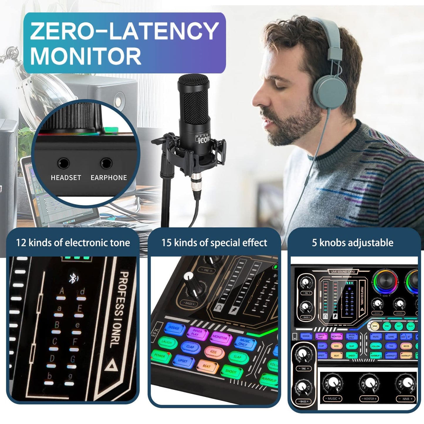 Podcast Equipment Bundle, Sound Card,Sound Board,Professional DJ Audio Interface Mixer, Portable ALL-IN-ONE Podcast Production Studio with XLR Microphone for Live Streaming, Recording and Gaming