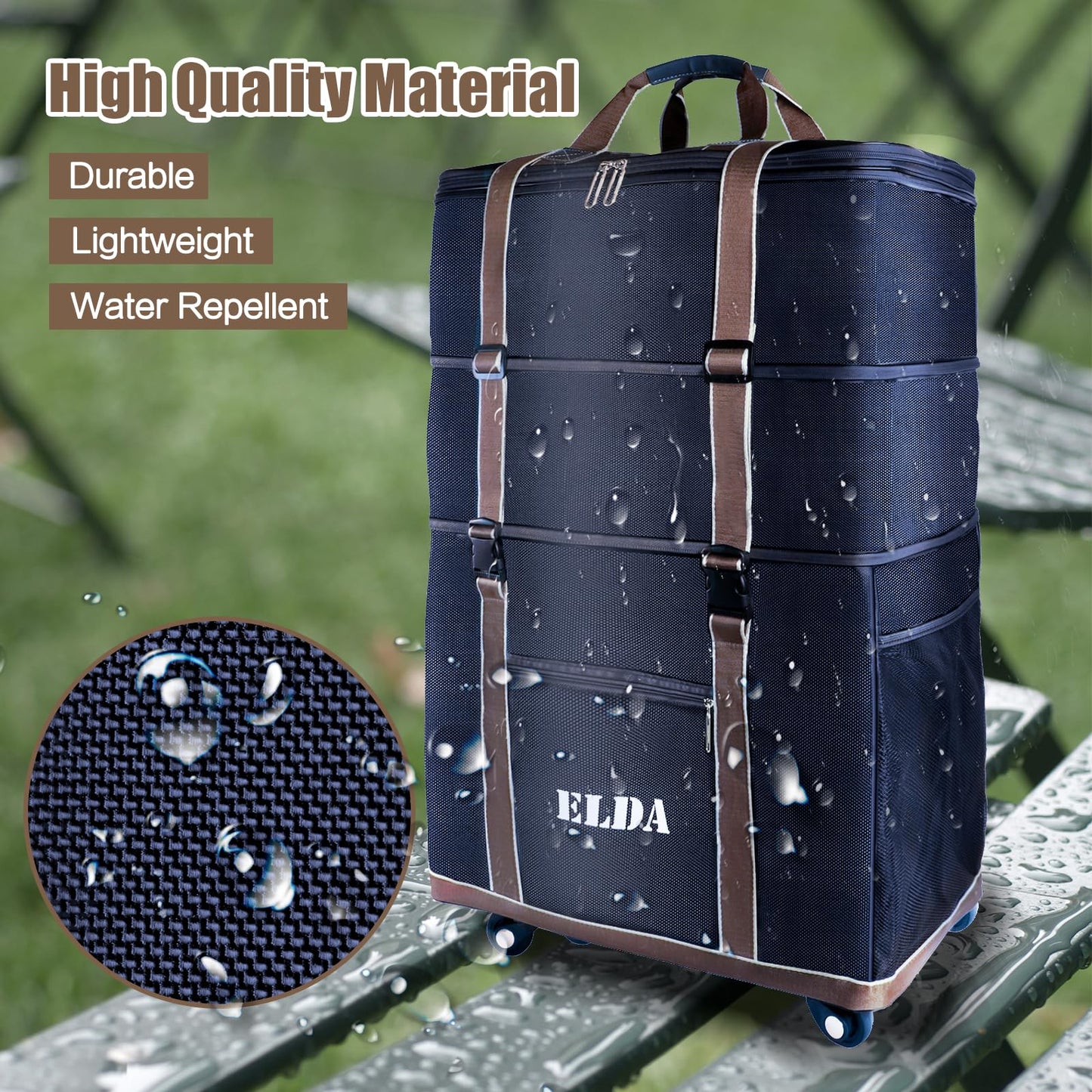 ELDA Maleta de equipaje plegable expandible, bolsa de lona plegable con ruedas grandes, maletas de viaje con ruedas para hombres y mujeres