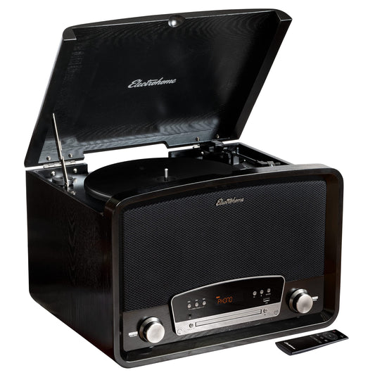 Electrohome Kingston Sistema estéreo 7 en 1 con tocadiscos de vinilo vintage con tocadiscos de 3 velocidades, Bluetooth, radio AM/FM, CD, entrada auxiliar, salida RCA/auriculares, grabación de vinilo/CD a MP3 y reproducción USB (RR75B)