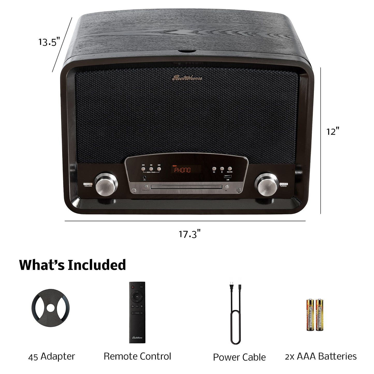 Electrohome Kingston 7-in-1 Vintage Vinyl Record Player Stereo System with 3-Speed Turntable, Bluetooth, AM/FM Radio, CD, Aux in, RCA/Headphone Out, Vinyl/CD to MP3 Recording & USB Playback (RR75B)