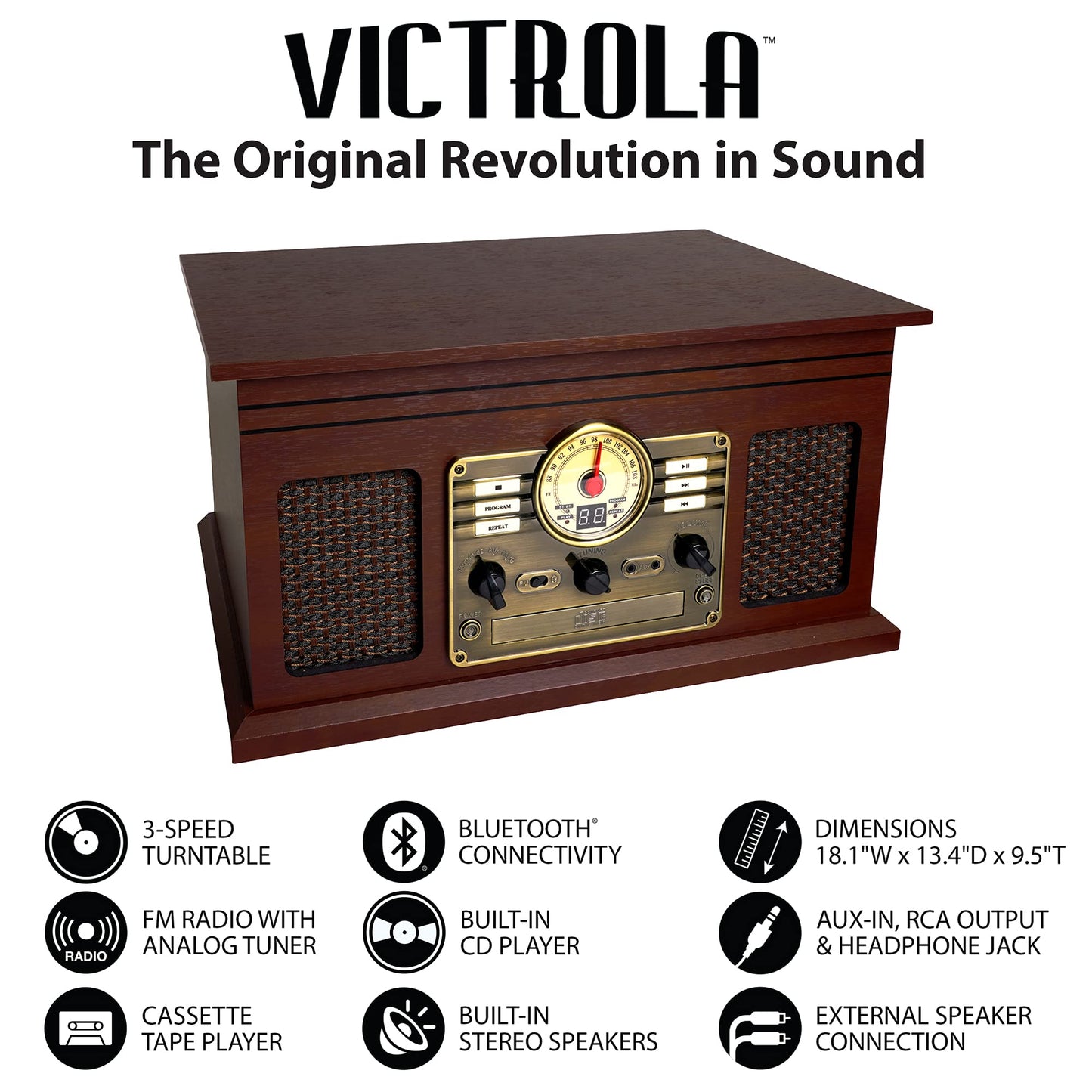 Victrola Nostalgic 6-in-1 Bluetooth Record Player & Multimedia Center with Built-in Speakers - 3-Speed Turntable, CD & Cassette Player, AM/FM Radio | Wireless Music Streaming | Espresso