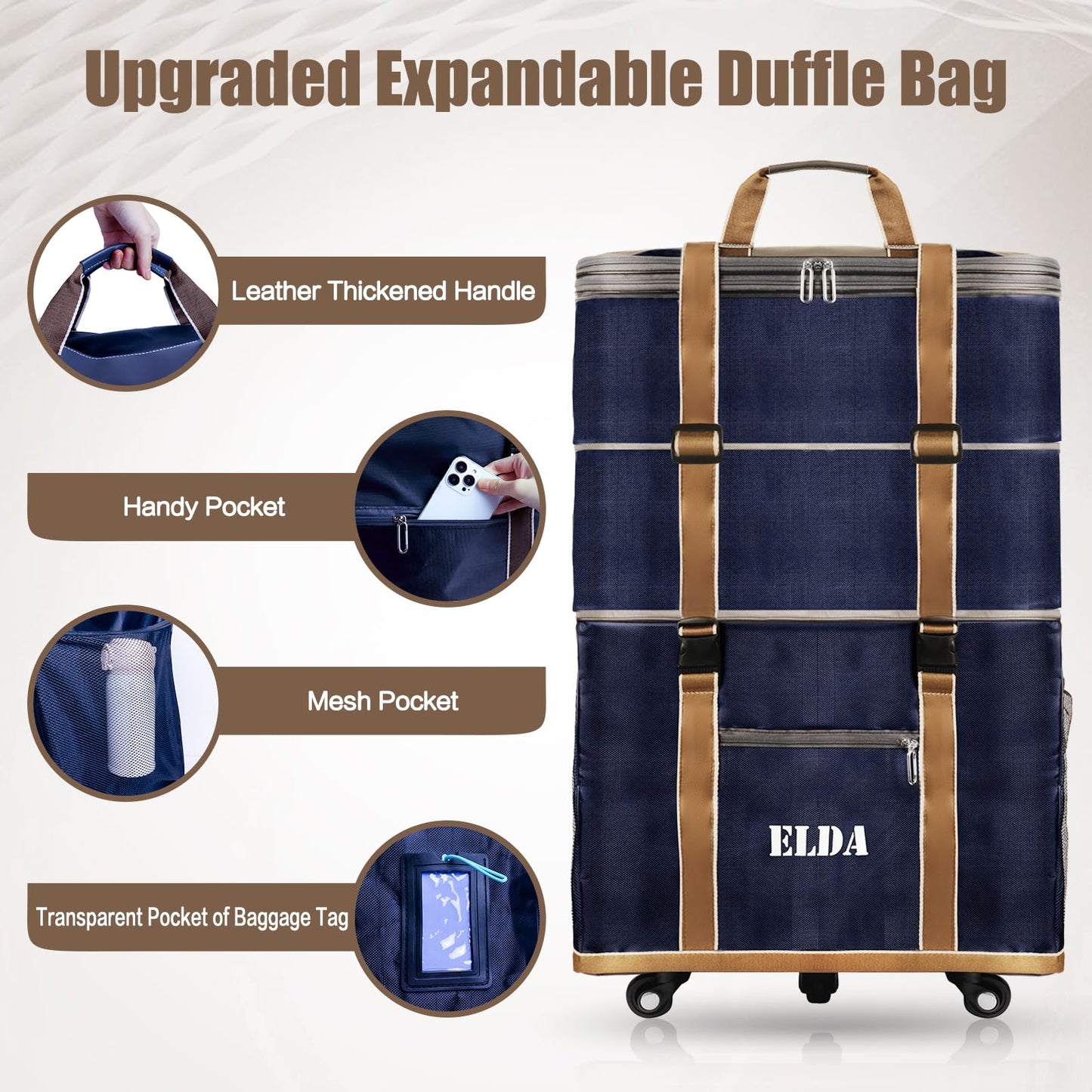 ELDA Maleta de equipaje plegable expandible, bolsa de lona plegable con ruedas grandes, maletas de viaje con ruedas para hombres y mujeres