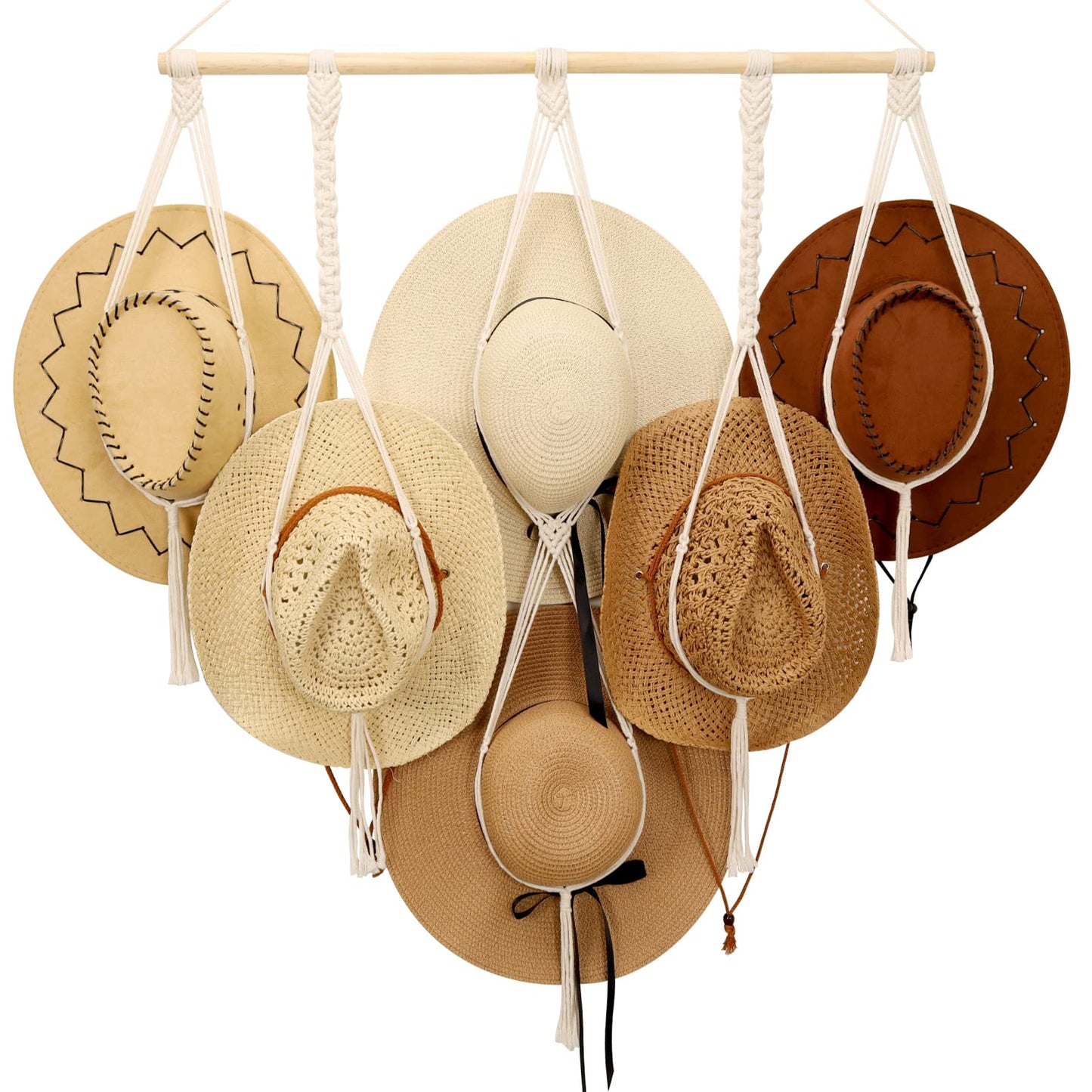 ZYP Macrame Hat Hangers Boho Hat Rack for Wall Hat Holder Display Organizer Bobo Hanging Hat Organizer Storage for Wide Brim Hats