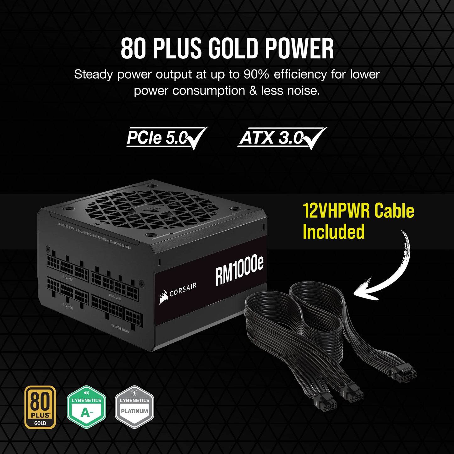 Corsair RM1000e (2023) Fully Modular Low-Noise Power Supply - ATX 3.0 & PCIe 5.0 Compliant - 105°C-Rated Capacitors - 80 Plus Gold Efficiency - Modern Standby Support - Black