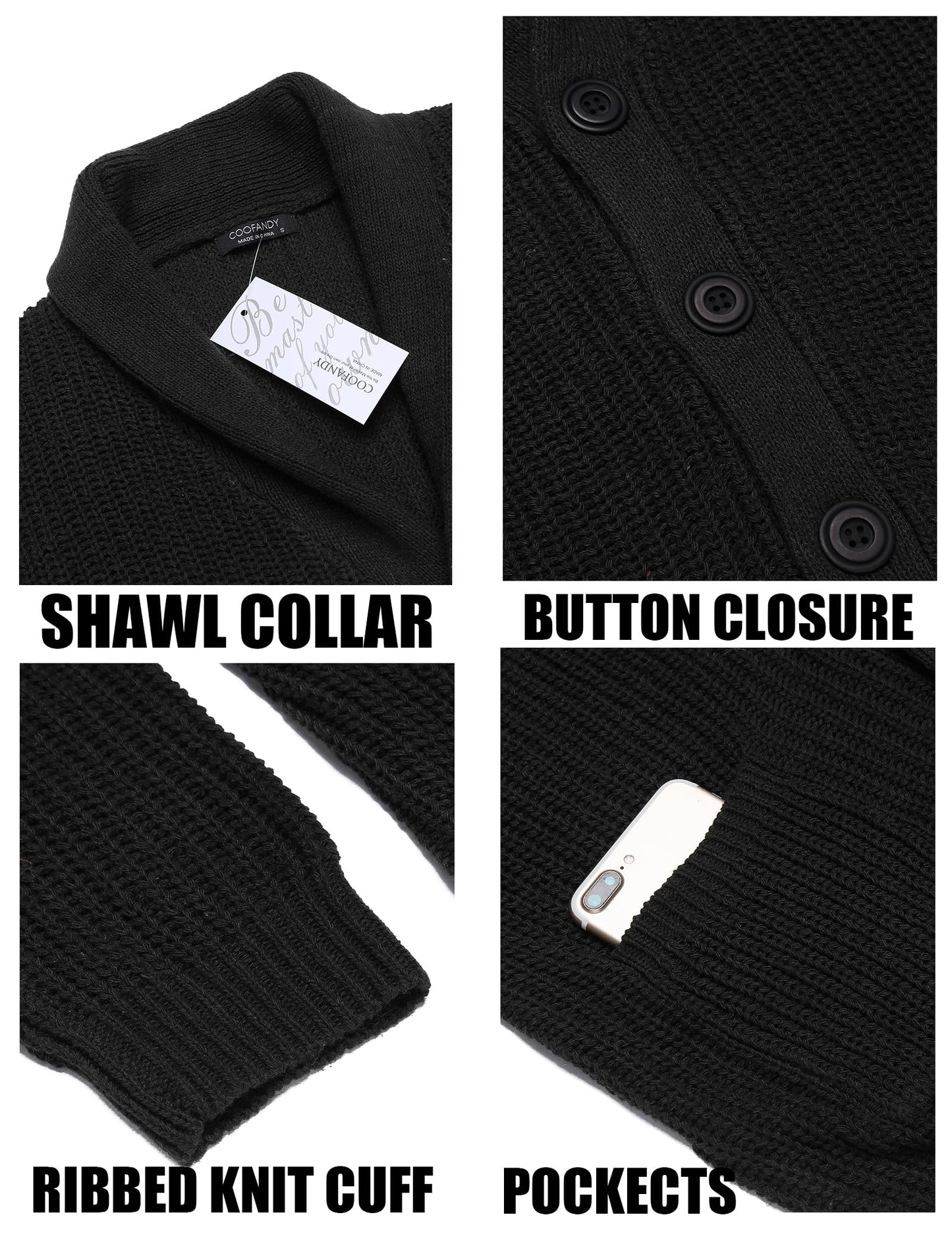 COOFANDY Men's Shawl Collar Cardigans Classic Fit Ribbed Knit Button Front Sweater with Pockets