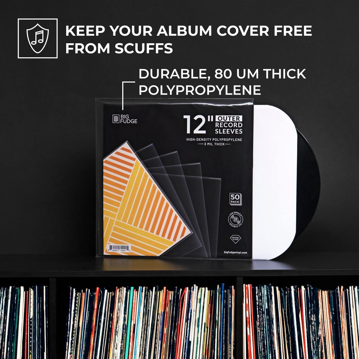 BIG FUDGE 50x Vinyl Record Outer Sleeves 12" LP | Durable & Wrinkle-Free | Crystal Clear & Made from High-Density Polypropylene | 3 mm Thick, 12.75” x 12.75” | Fits Most Gatefolds and Double LPs