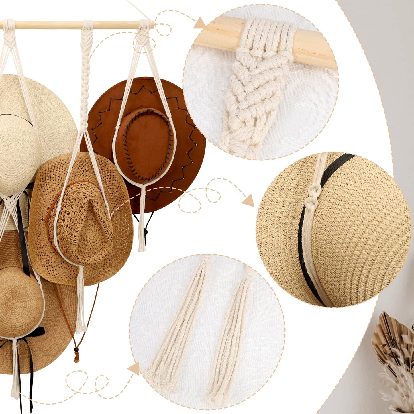 ZYP Macramé Perchas para Sombreros Boho Hat Rack para Soporte para Sombreros de Pared Organizador de exhibición Bobo Organizador para Sombreros Colgantes Almacenamiento para Sombreros de ala Ancha