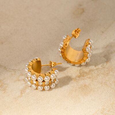 Pendientes de aro en forma de C con perlas bañadas en oro de 18 quilates