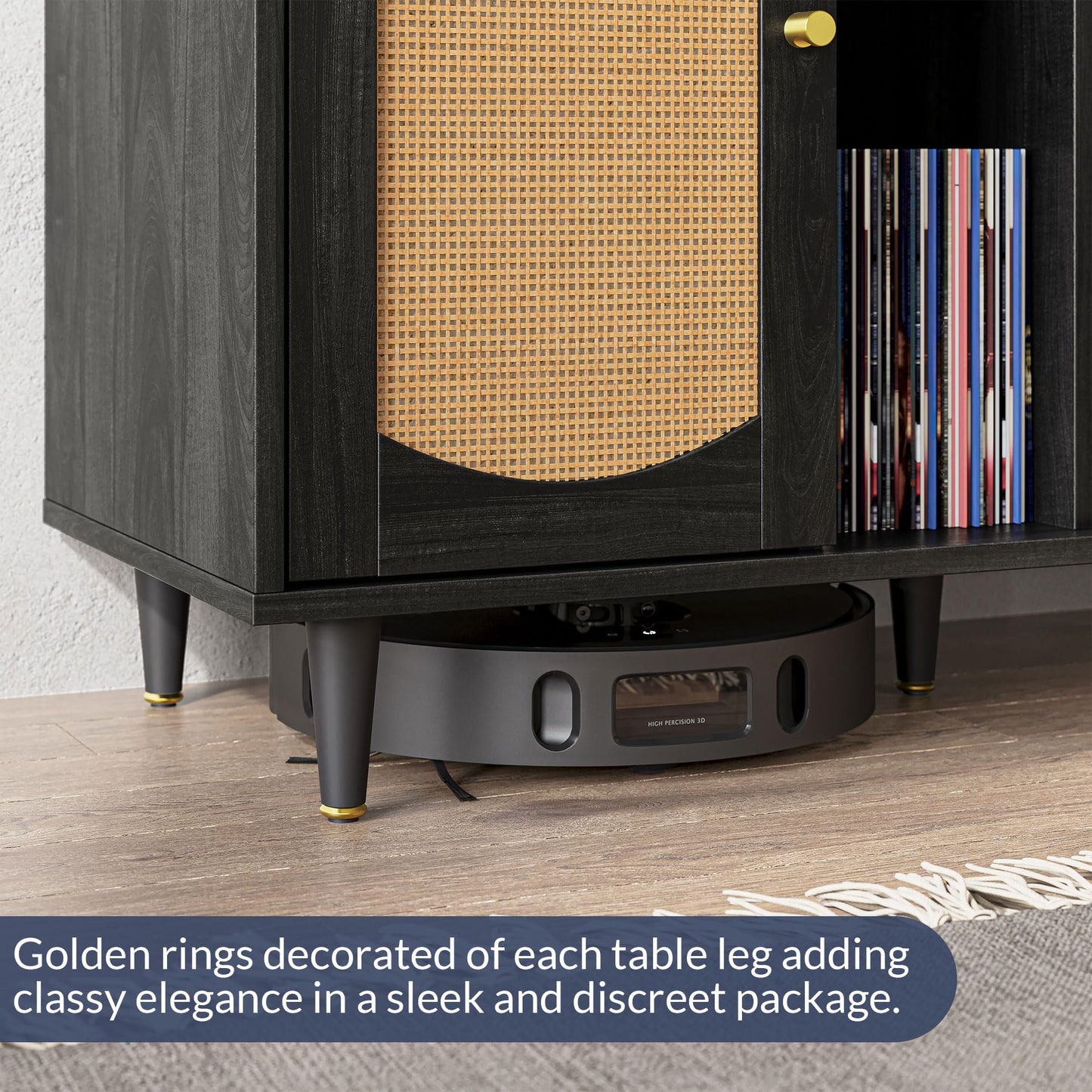BELLEZE Mid-Century Record Player Stand, Vinyl Record Storage Cabinet Holds up to 350+ Albums, Rattern Decorated Turntable Stand with Power Outlet for Living Room, Bedroom and Office - Brown