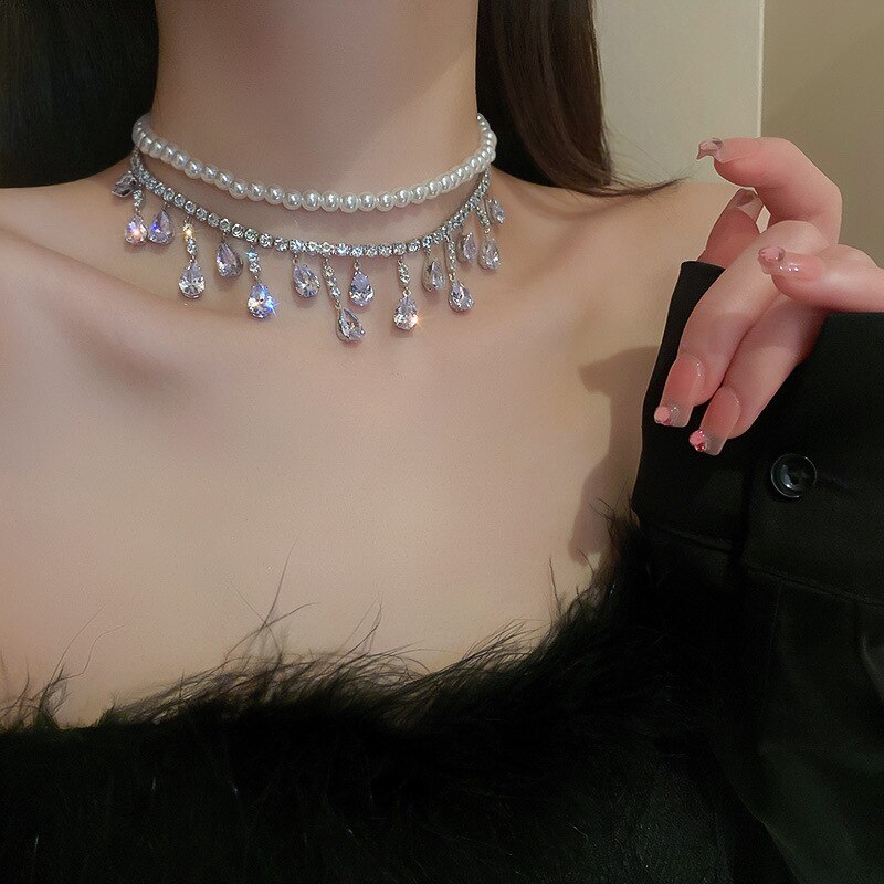 Collar de cristal con borlas de perlas de lujo