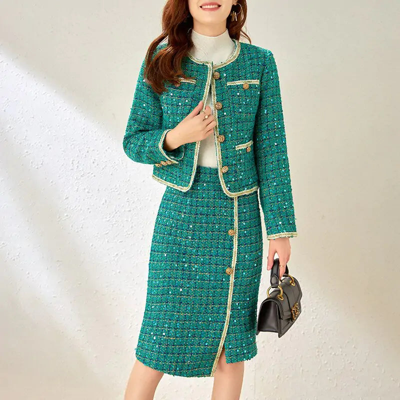 Conjunto de vestido de tweed de invierno de pasarela