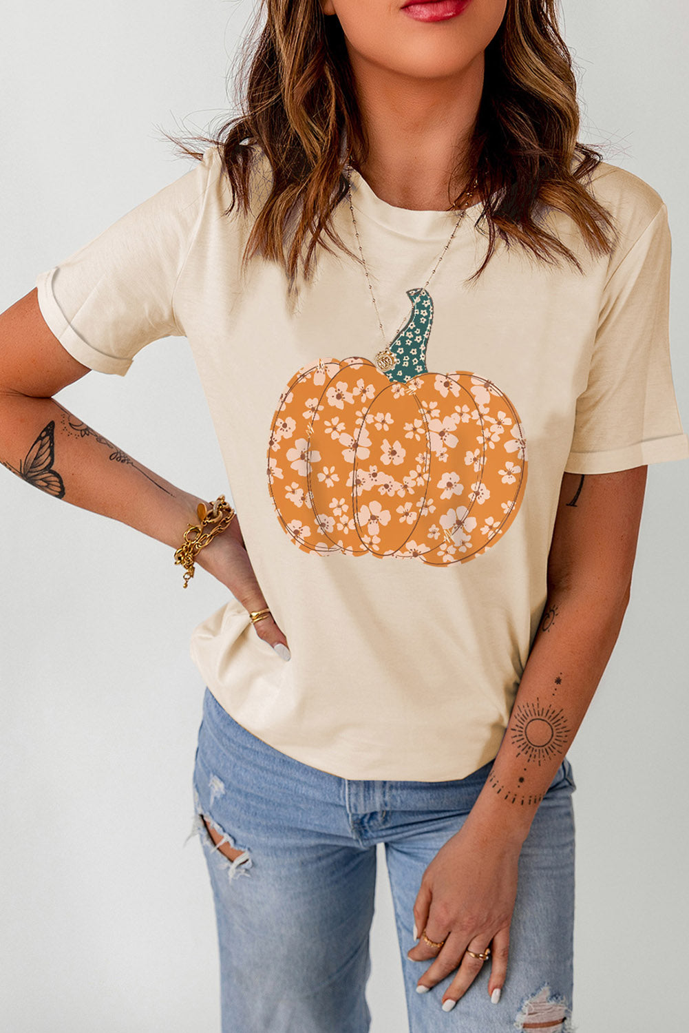 Camiseta con puños y cuello redondo con gráfico de calabaza