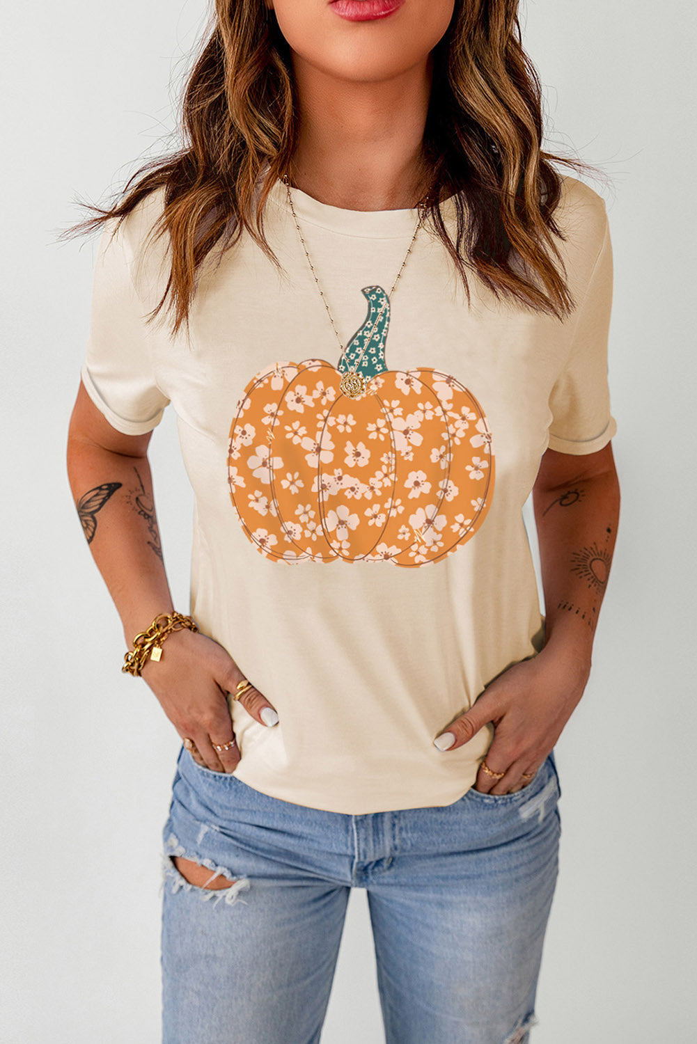 Camiseta con puños y cuello redondo con gráfico de calabaza