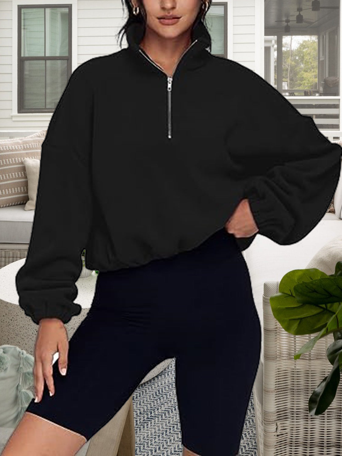 Half-Zip Collared Drop Shoulder Fleece Sweatshirt