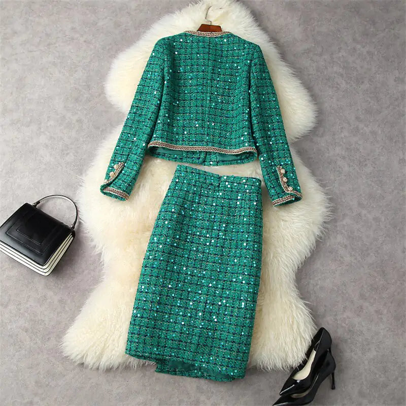 Conjunto de vestido de tweed de invierno de pasarela